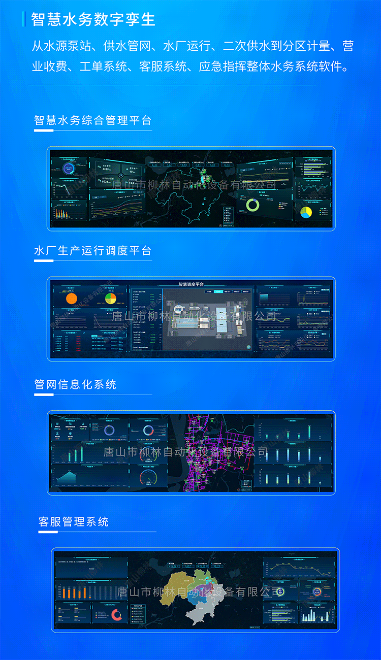 智慧水務數字孿生系統從水源泵站、供水管網、水廠運行、二次供水到分區計量、營業收費、工單系統、客服系統、應急指揮整體水務系統軟件。