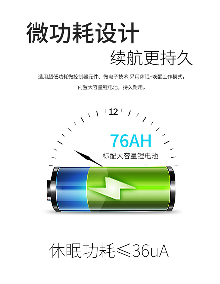 采用微功耗設計，選用超低功耗微控制器元件、微電子技術,采用休眠+喚醒工作模式；內置大容量鋰電池78AH，持久耐用。