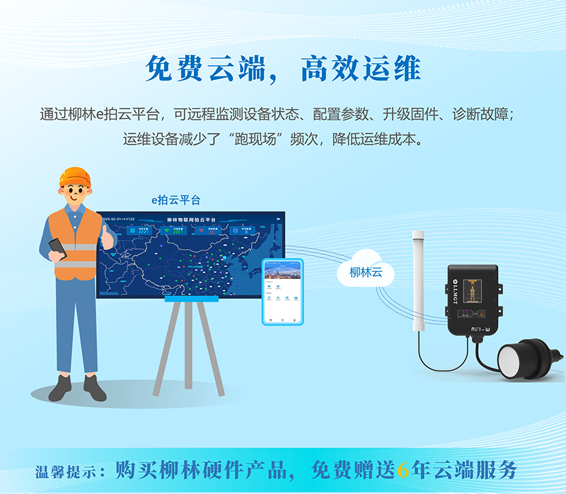 免費云端，高效運維：通過柳林e拍云平臺，可遠程監測設備狀態、配置參數、升級固件、診斷故障；運維設備減少了“跑現場”頻次，降低運維成本。