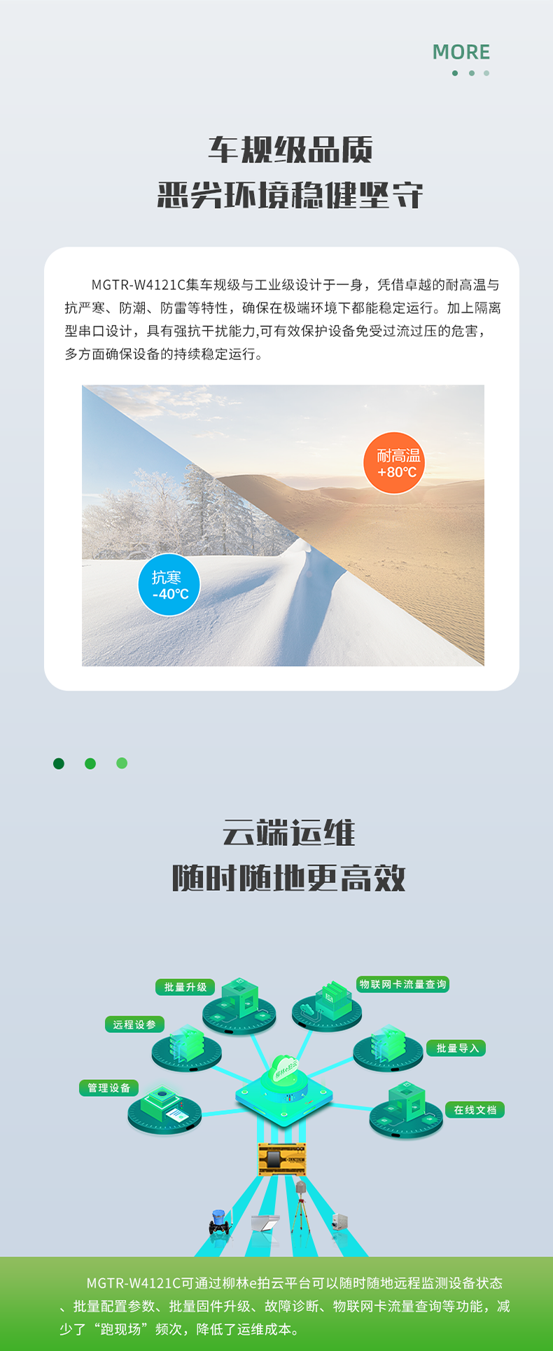 車規級品質 惡興環境穩健堅守。MGTR-W4121C集車規級與工業級設計于一身，憑借卓越的耐高溫與 抗嚴寒、防潮、防雷等特性，確保在極端環境下都能穩定運行。加上隔離 型串口設計，具有強抗干擾能力,可有效保護設備免受過流過壓的危害， 多方面確保設備的持續穩定運行。云端運維 隨時隨地更高效。MGTR-W4121C可通過柳林e拍云平臺可以隨時隨地遠程監測設備狀態 批量配置參數、批量固件升級、故障診斷、物聯網卡流量查詢等功能，減 少了“跑現場”頻次，降低了運維成本。