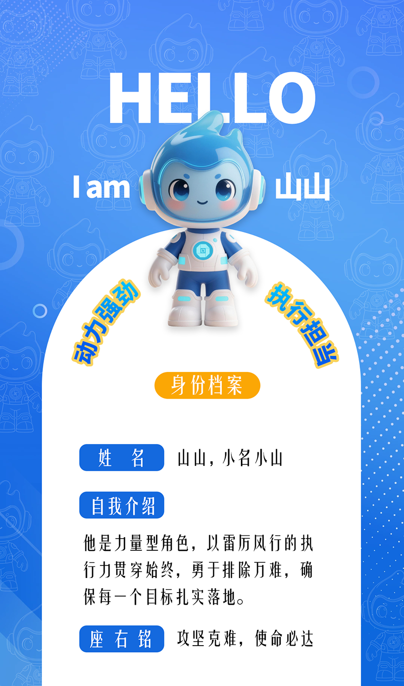 山山——動力強勁 · 執行擔當	 他是力量型角色，以雷厲風行的執行力貫穿始終，勇于排除萬難，確保每一個目標扎實落地。 座右銘：攻堅克難，使命必達