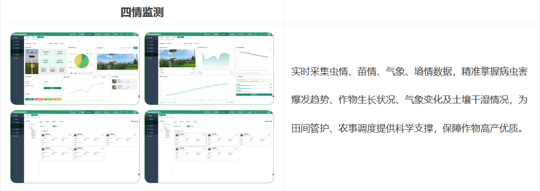 四情監測：實時采集蟲情、苗情、氣象、墑情數據，精準掌握病蟲害爆發趨勢、作物生長狀況、氣象變化及土壤干濕情況，為田間管護、農事調度提供科學支撐，保障作物高產優質。